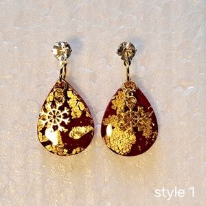 Elegant Gold and Red Teardrop Earrings With Snowflakes Clay Handmade